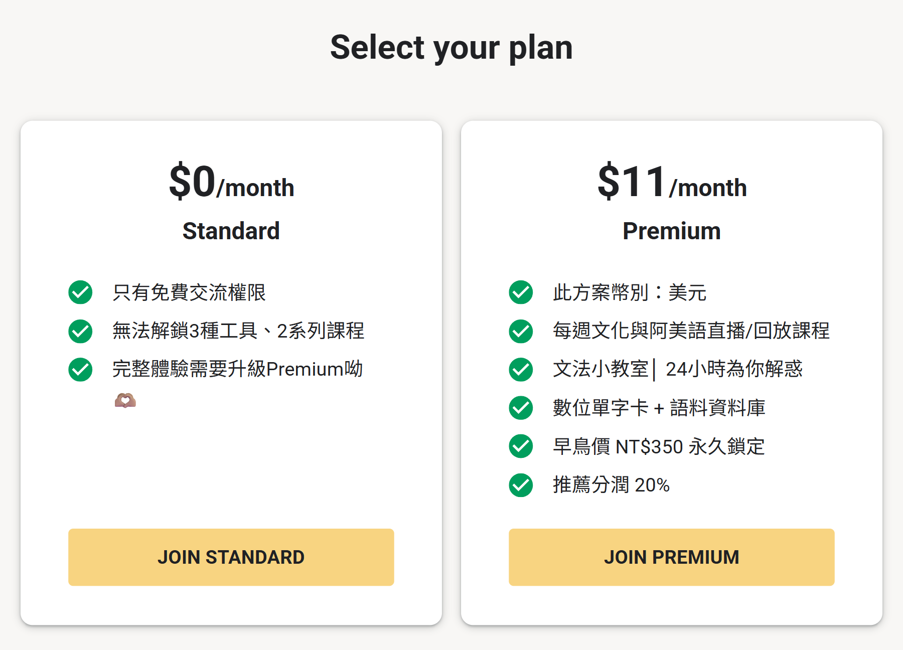 Skool 方案選擇畫面,左邊 $0 Standard 免費版,右邊 $11 Premium 進階版
